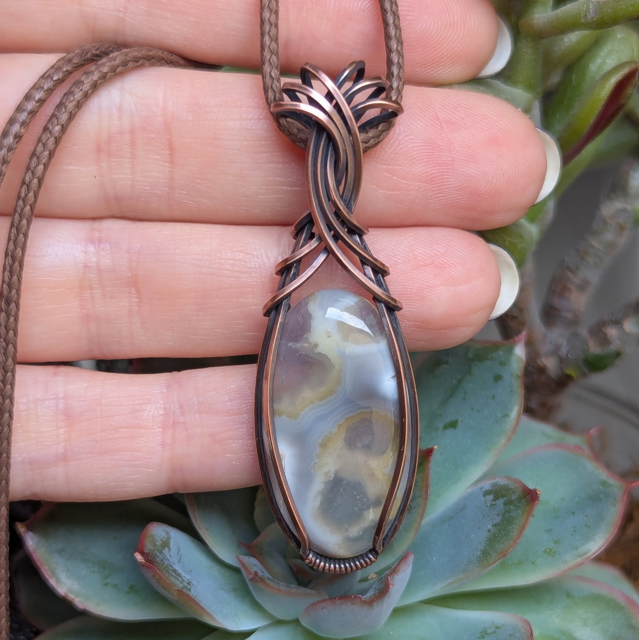 Solar Quartz Wire Wrapped Pendant in Oxidized Copper