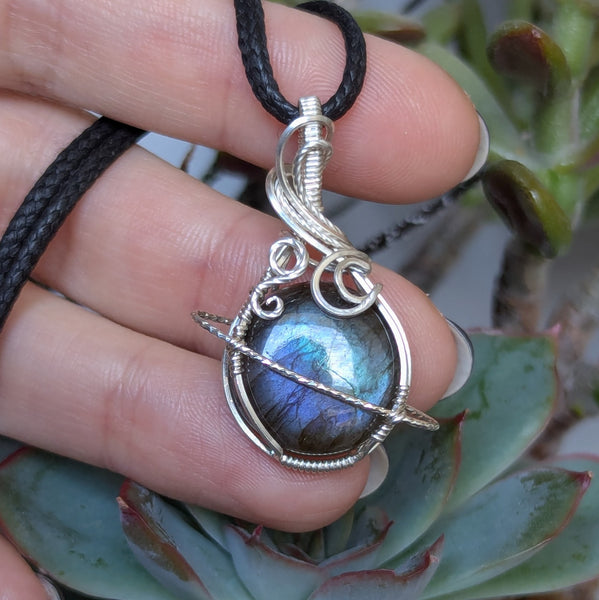 Mini Labradorite Planet Wire Wrapped Sterling Silver Pendant