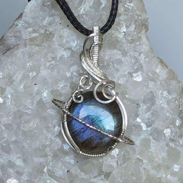 Mini Labradorite Planet Wire Wrapped Sterling Silver Pendant