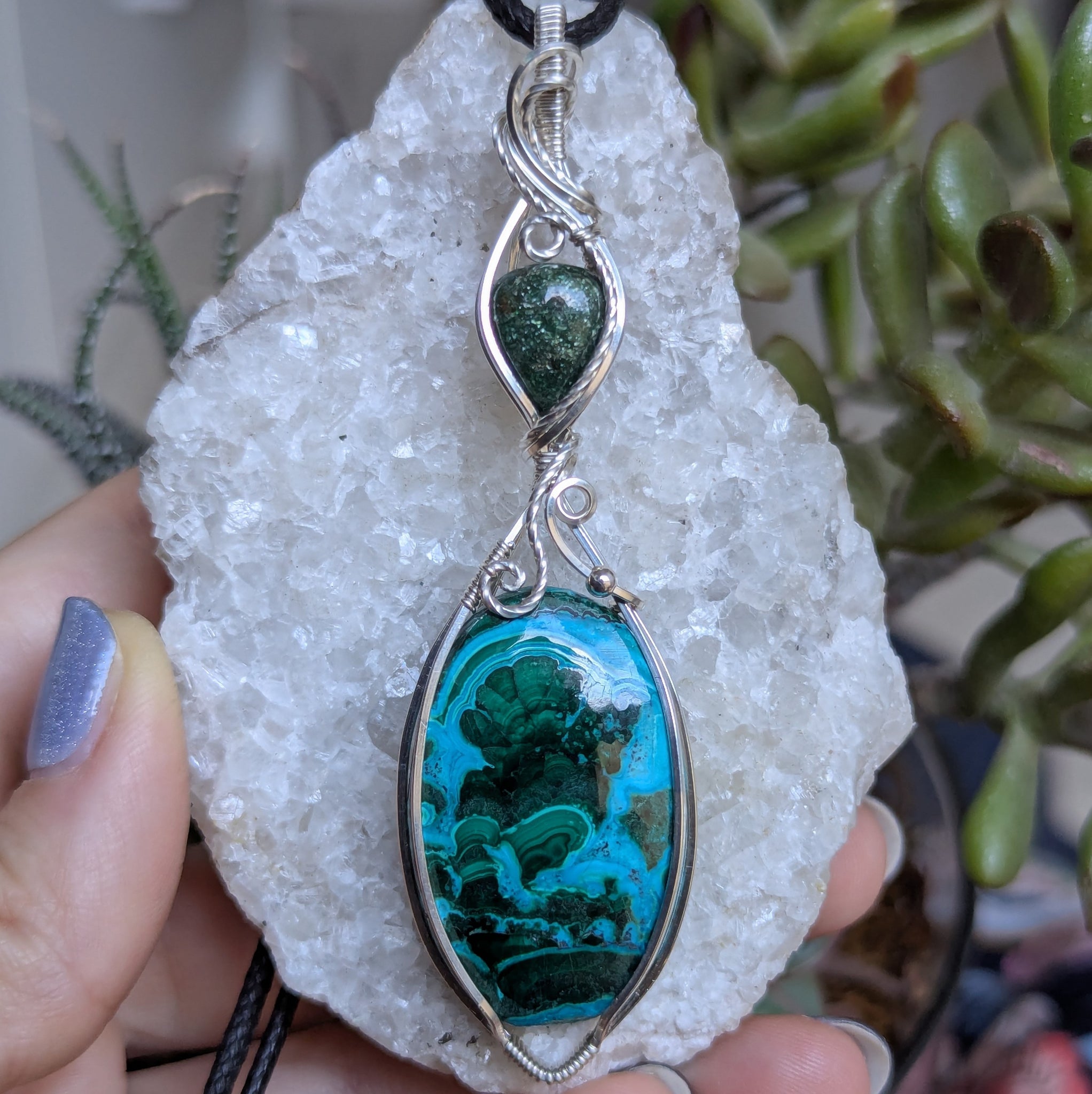 Malachite-Chrysocolla & Green Aventurine Wire Wrapped Sterling Silver Pendant