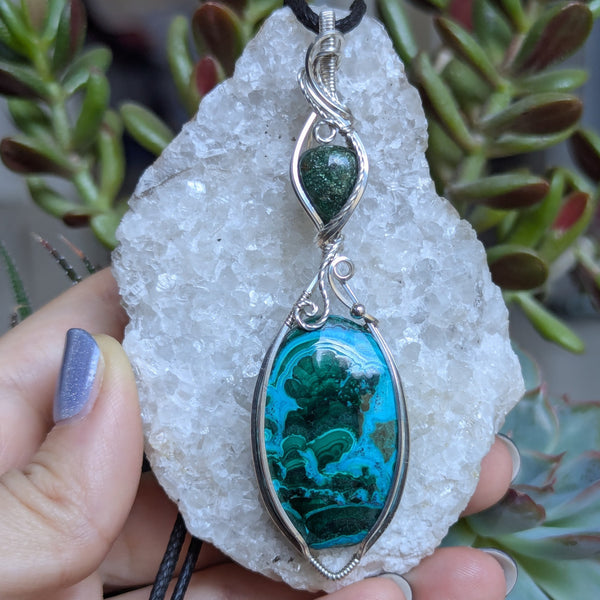 Malachite-Chrysocolla & Green Aventurine Wire Wrapped Sterling Silver Pendant