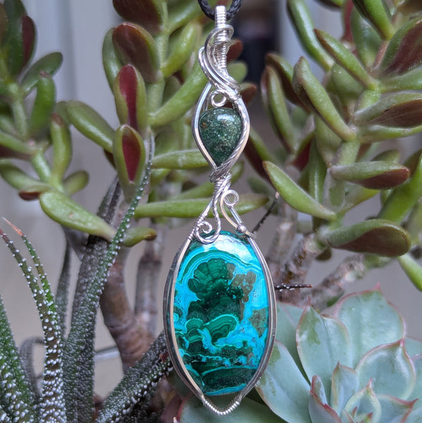 Malachite-Chrysocolla & Green Aventurine Wire Wrapped Sterling Silver Pendant