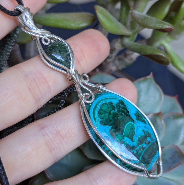 Malachite-Chrysocolla & Green Aventurine Wire Wrapped Sterling Silver Pendant