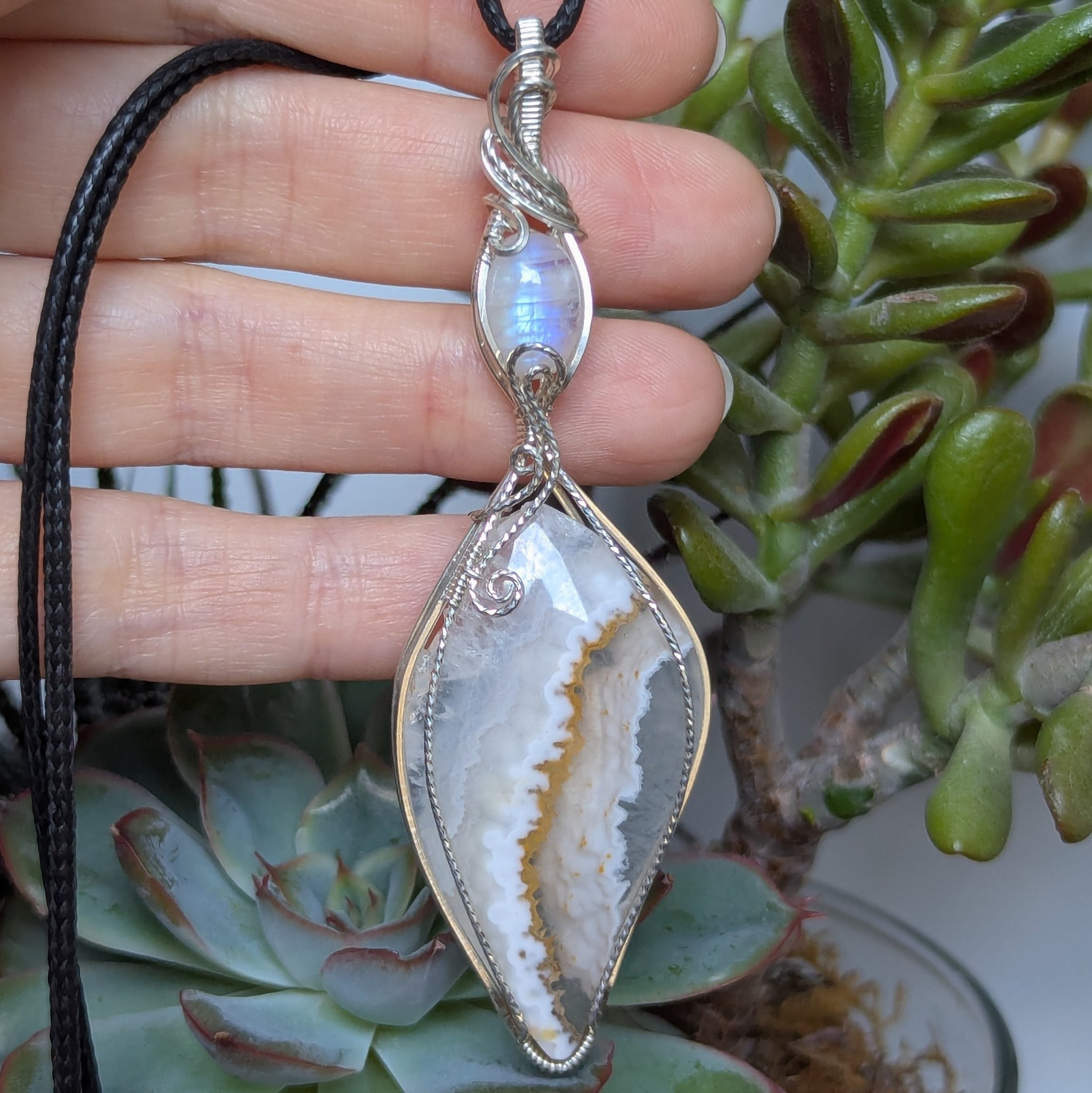 Pseudomorph Agate & Rainbow Moonstone Wire Wrapped Sterling Silver Pendant