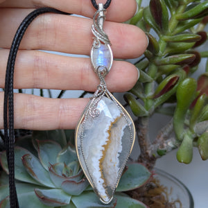 Pseudomorph Agate & Rainbow Moonstone Wire Wrapped Sterling Silver Pendant