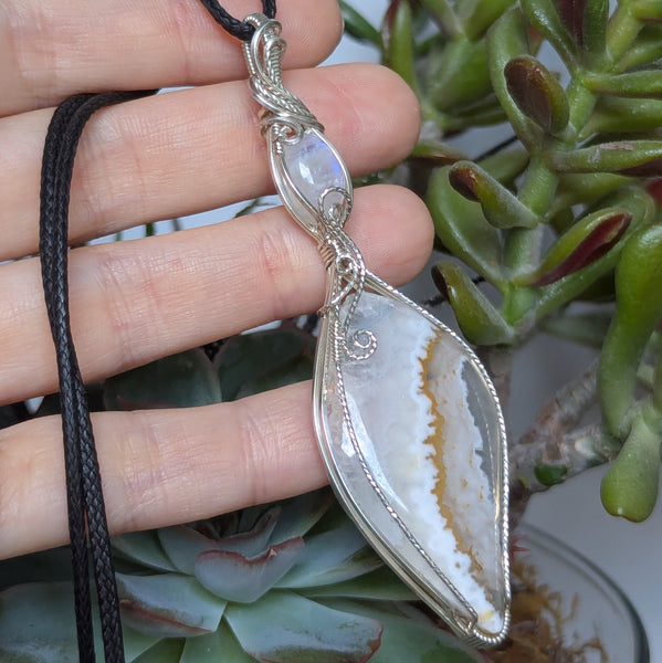 Pseudomorph Agate & Rainbow Moonstone Wire Wrapped Sterling Silver Pendant