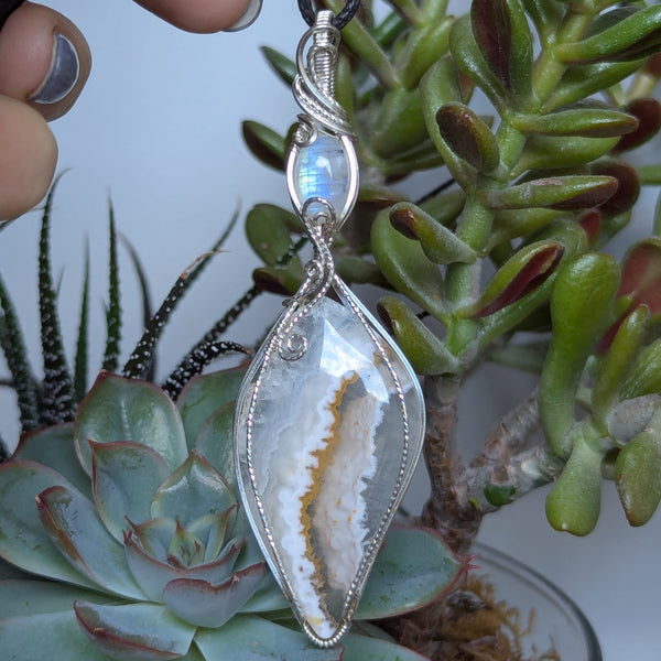 Pseudomorph Agate & Rainbow Moonstone Wire Wrapped Sterling Silver Pendant