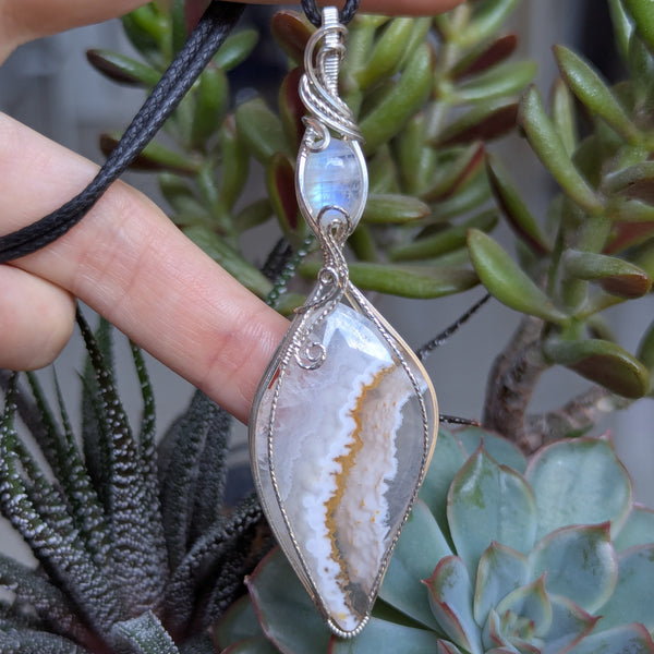 Pseudomorph Agate & Rainbow Moonstone Wire Wrapped Sterling Silver Pendant