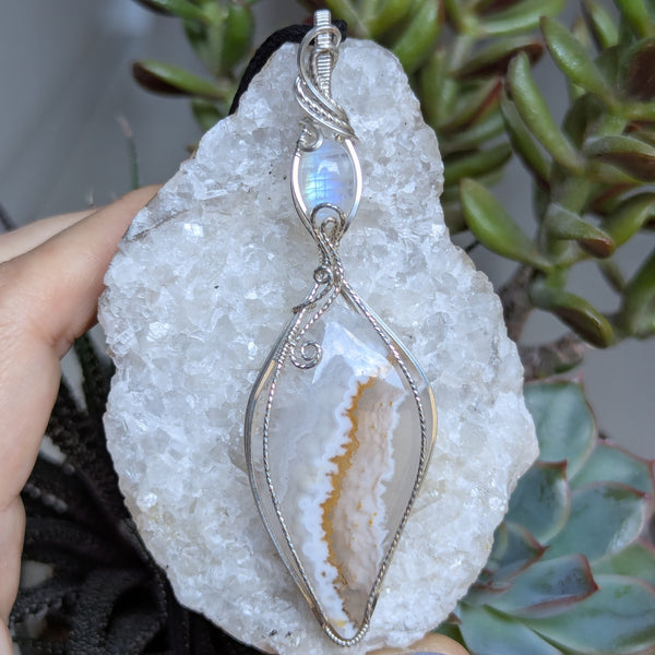 Pseudomorph Agate & Rainbow Moonstone Wire Wrapped Sterling Silver Pendant
