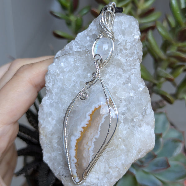 Pseudomorph Agate & Rainbow Moonstone Wire Wrapped Sterling Silver Pendant