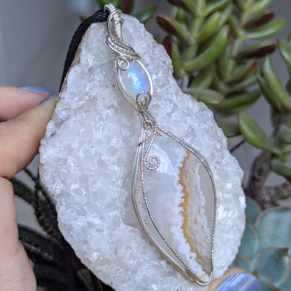 Pseudomorph Agate & Rainbow Moonstone Wire Wrapped Sterling Silver Pendant