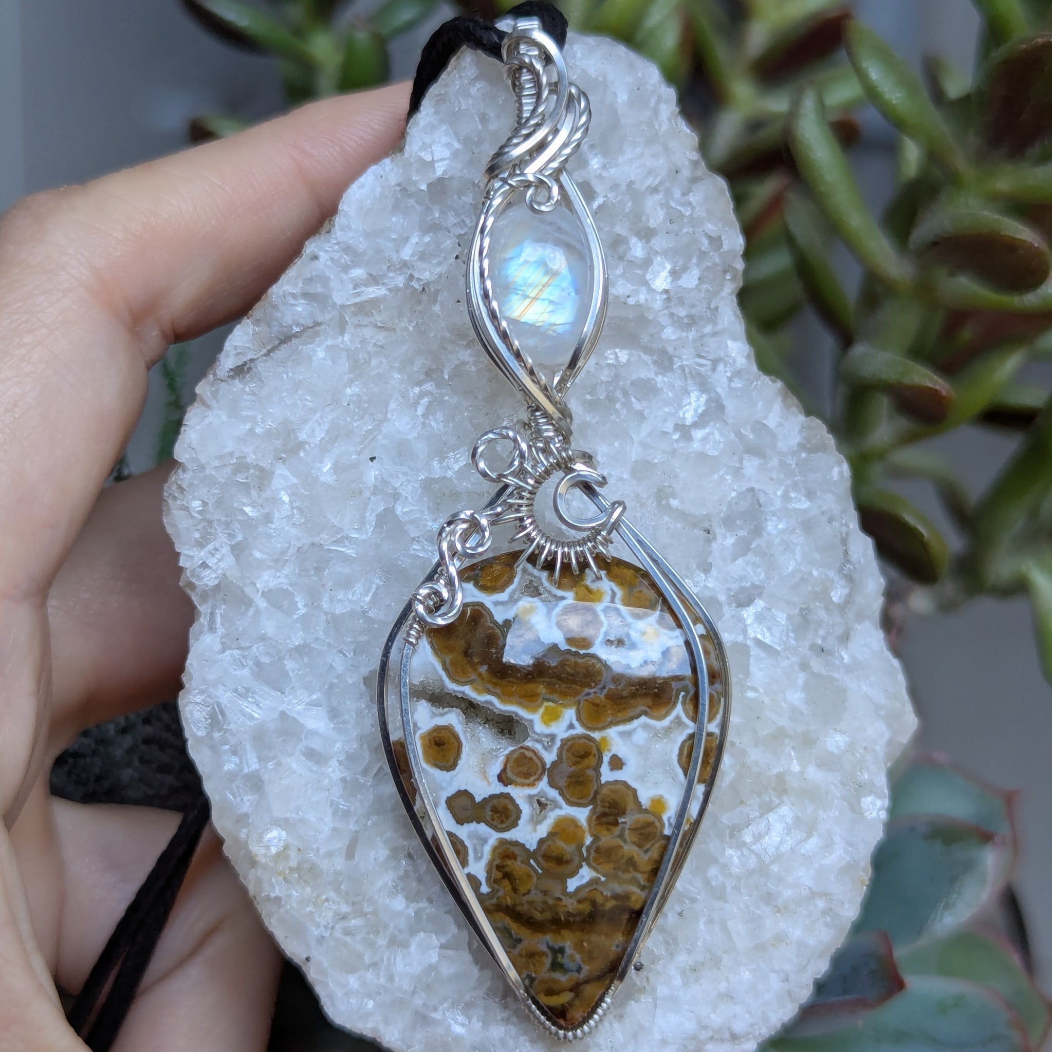Ocean Jasper & Rainbow Moonstone Wire Wrapped Sterling Silver Pendant