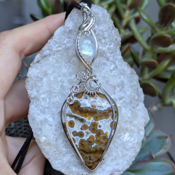 Ocean Jasper & Rainbow Moonstone Wire Wrapped Sterling Silver Pendant