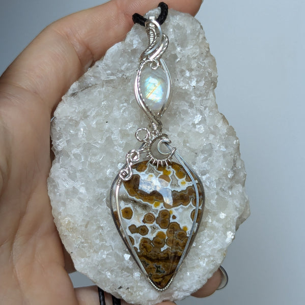 Ocean Jasper & Rainbow Moonstone Wire Wrapped Sterling Silver Pendant