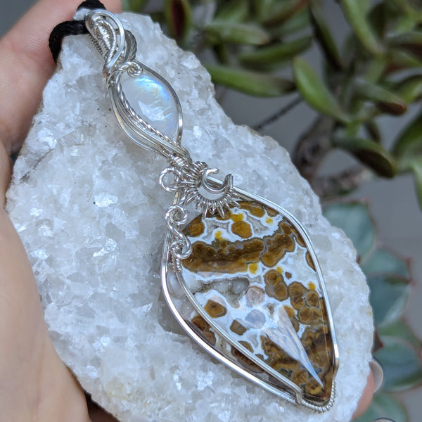 Ocean Jasper & Rainbow Moonstone Wire Wrapped Sterling Silver Pendant