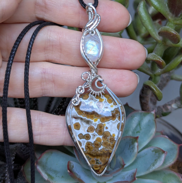 Ocean Jasper & Rainbow Moonstone Wire Wrapped Sterling Silver Pendant