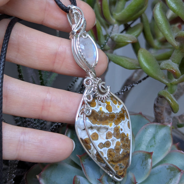 Ocean Jasper & Rainbow Moonstone Wire Wrapped Sterling Silver Pendant