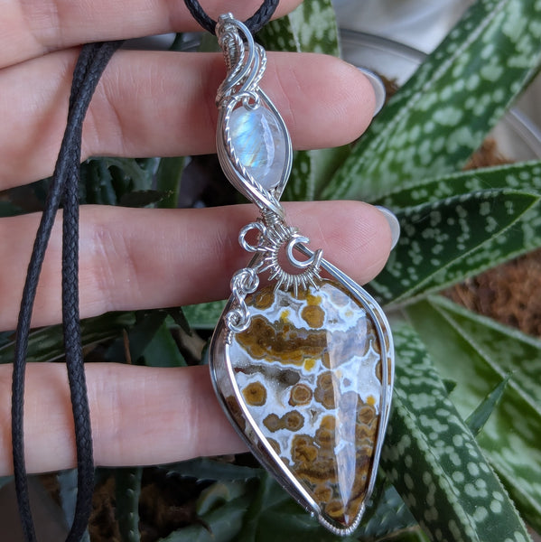 Ocean Jasper & Rainbow Moonstone Wire Wrapped Sterling Silver Pendant