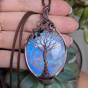 Rainbow Moonstone Tree of Life Wire Wrapped Pendant in Oxidized Copper