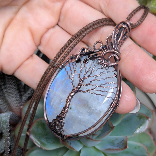 Rainbow Moonstone Tree of Life Wire Wrapped Pendant in Oxidized Copper