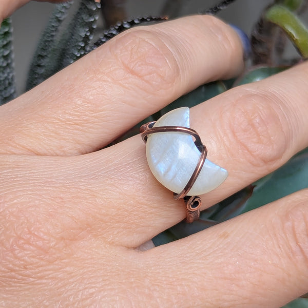 Crescent Moonstone Size 6.5 Ring in Oxidized Copper