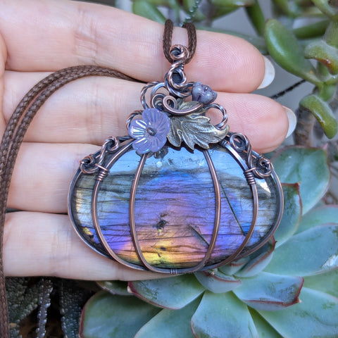 Labradorite Pumpkin Wire Wrapped Pendant in Oxidized Copper