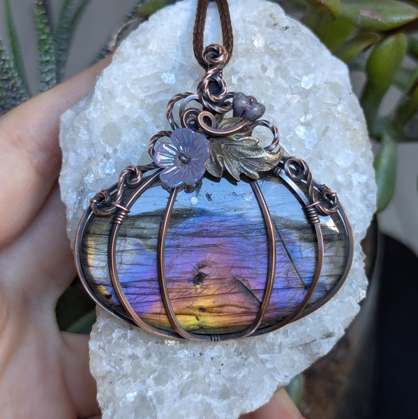 Labradorite Pumpkin Wire Wrapped Pendant in Oxidized Copper