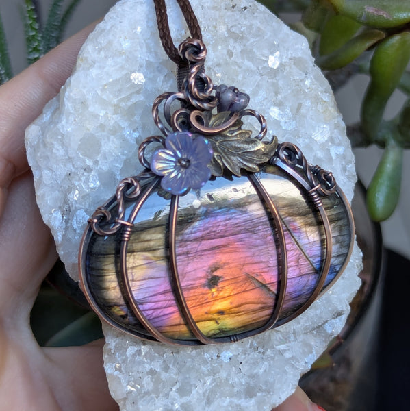 Labradorite Pumpkin Wire Wrapped Pendant in Oxidized Copper