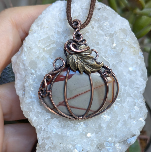 Picasso Jasper Pumpkin Wire Wrapped Pendant in Oxidized Copper