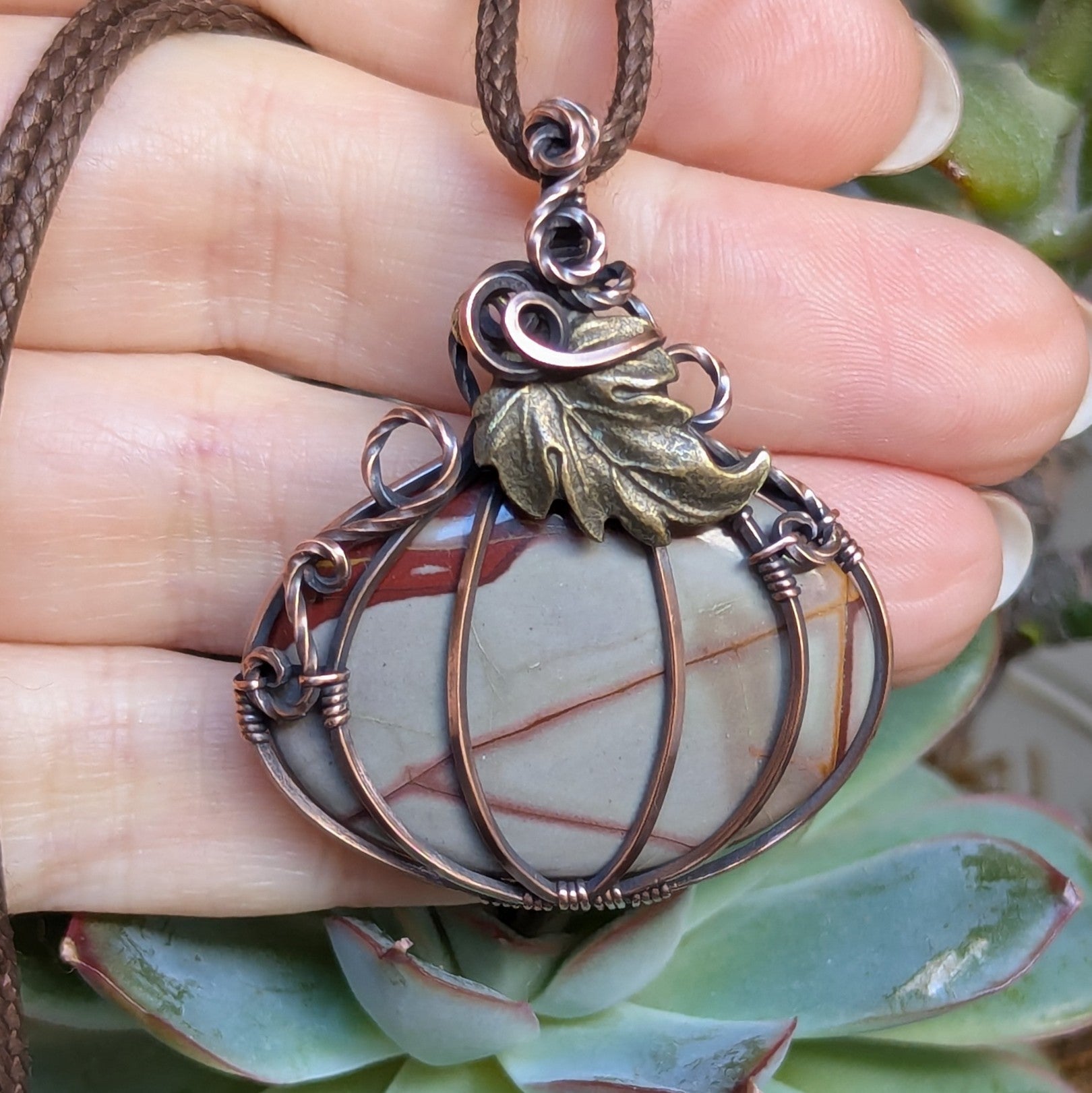 Picasso Jasper Pumpkin Wire Wrapped Pendant in Oxidized Copper