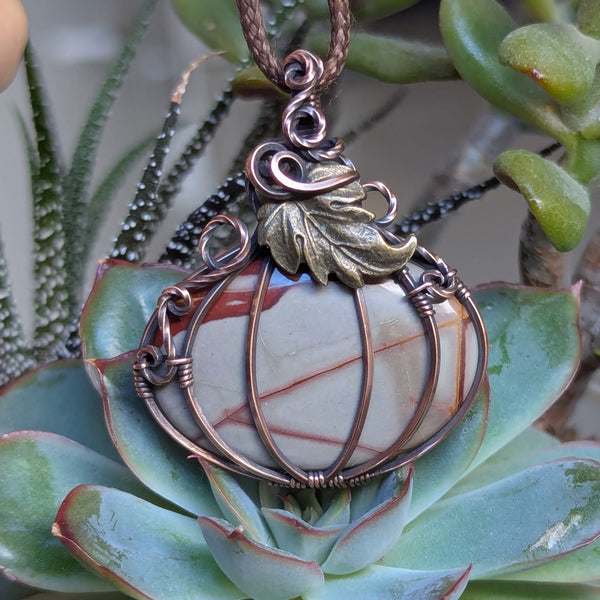 Picasso Jasper Pumpkin Wire Wrapped Pendant in Oxidized Copper