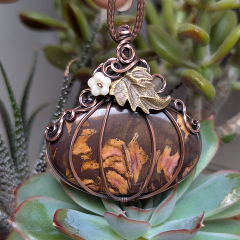 Outback Jasper Pumpkin Wire Wrapped Pendant in Oxidized Copper