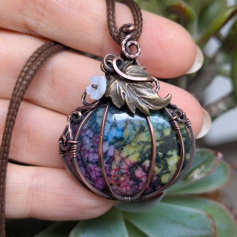 Dyed Agate Pumpkin Wire Wrapped Pendant in Oxidized Copper