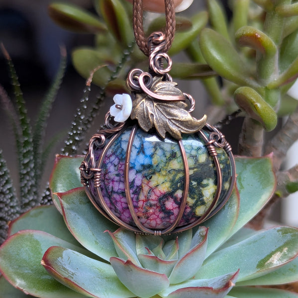 Dyed Agate Pumpkin Wire Wrapped Pendant in Oxidized Copper