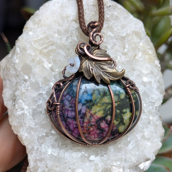 Dyed Agate Pumpkin Wire Wrapped Pendant in Oxidized Copper