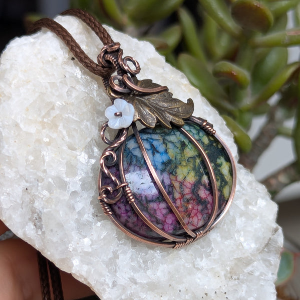 Dyed Agate Pumpkin Wire Wrapped Pendant in Oxidized Copper