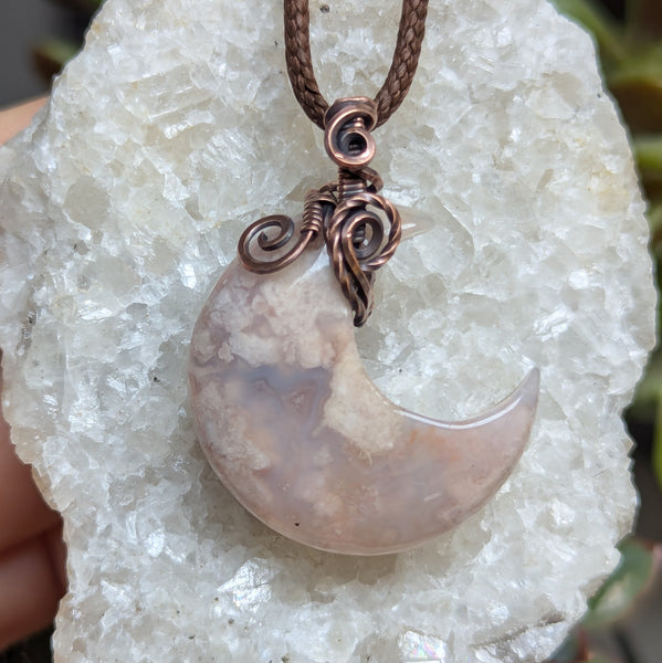 Flower Agate Crescent Moon Wire Wrapped Pendant in Oxidized Copper