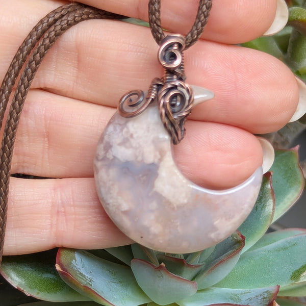 Flower Agate Crescent Moon Wire Wrapped Pendant in Oxidized Copper