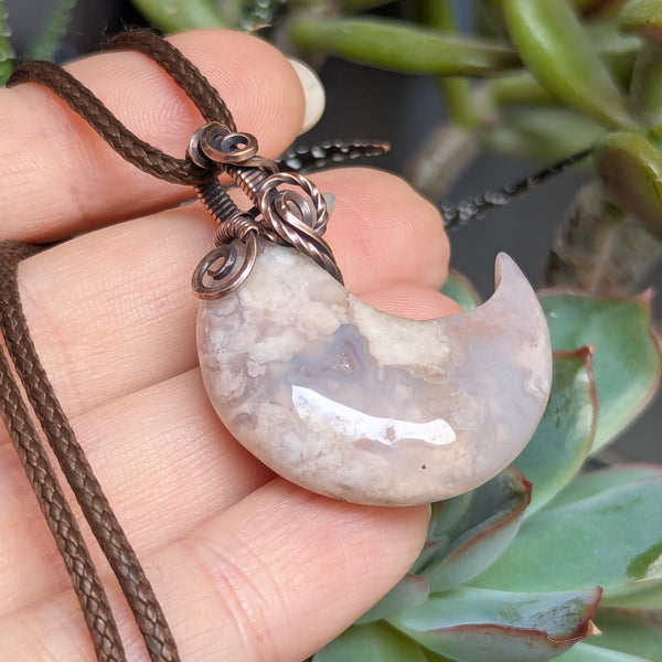 Flower Agate Crescent Moon Wire Wrapped Pendant in Oxidized Copper