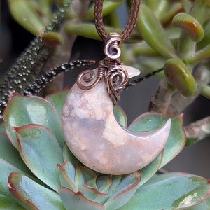 Flower Agate Crescent Moon Wire Wrapped Pendant in Oxidized Copper