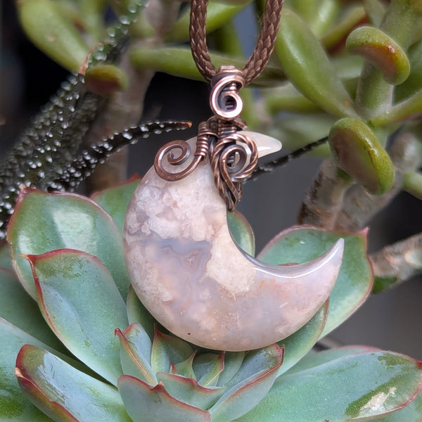 Flower Agate Crescent Moon Wire Wrapped Pendant in Oxidized Copper