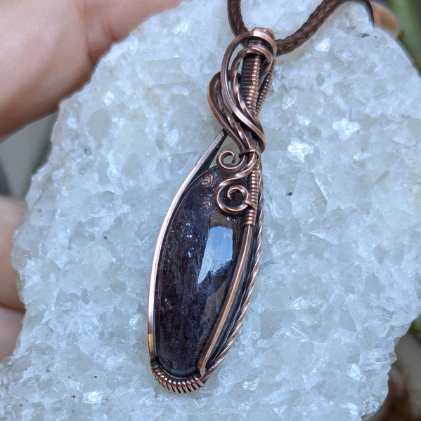 Iolite Sunstone Wire Wrapped Pendant in Oxidized Copper