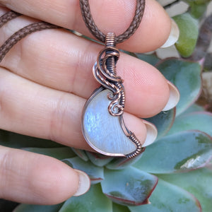 Rainbow Moonstone Crescent Wire Wrapped Pendant in Oxidized Copper