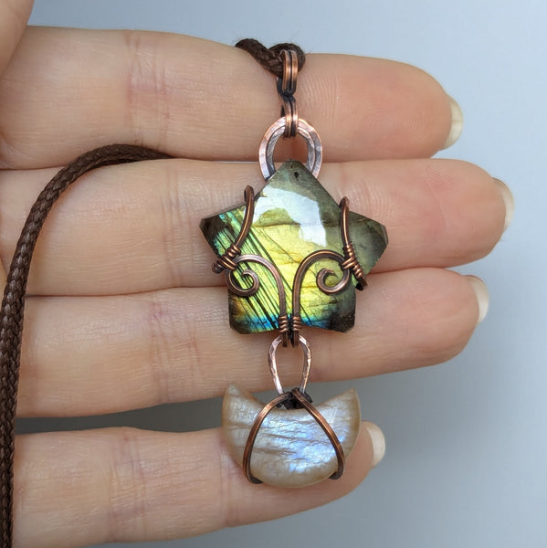 Labradorite Star & Rainbow Moonstone Crescent Wire Wrapped Pendant in Oxidized Copper