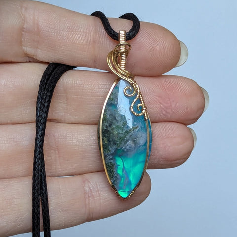 Moss Agate Doublet Wire Wrapped Pendant in Gold-Fill