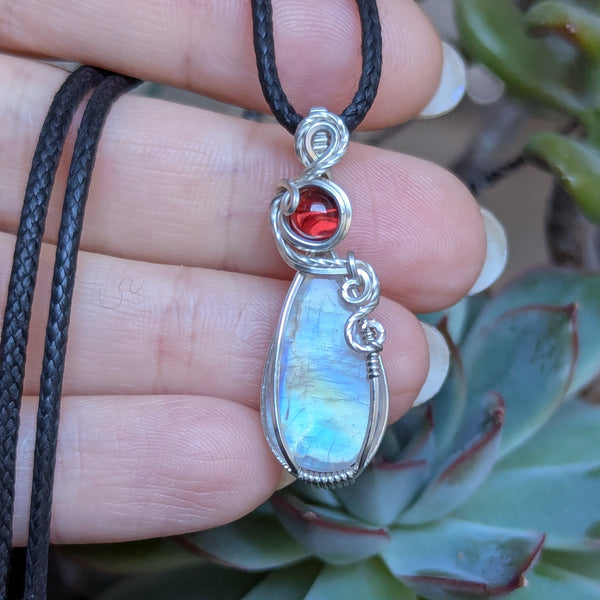 Rainbow Moonstone & Garnet Wire Wrapped Pendant in Sterling Silver