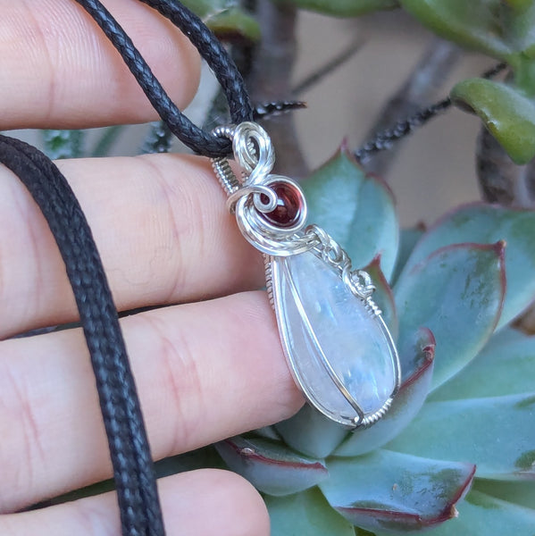 Rainbow Moonstone & Garnet Wire Wrapped Pendant in Sterling Silver