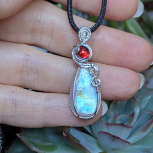 Rainbow Moonstone & Garnet Wire Wrapped Pendant in Sterling Silver