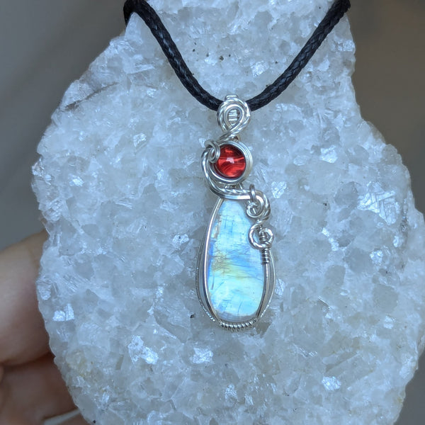 Rainbow Moonstone & Garnet Wire Wrapped Pendant in Sterling Silver
