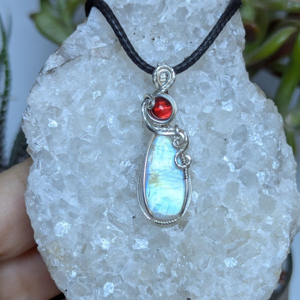 Rainbow Moonstone & Garnet Wire Wrapped Pendant in Sterling Silver